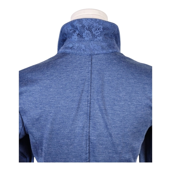 Candie's Blue Knit Stretch Blazer Small Ruched Sleeves Lace Back Office Casual - Picture 4 of 11